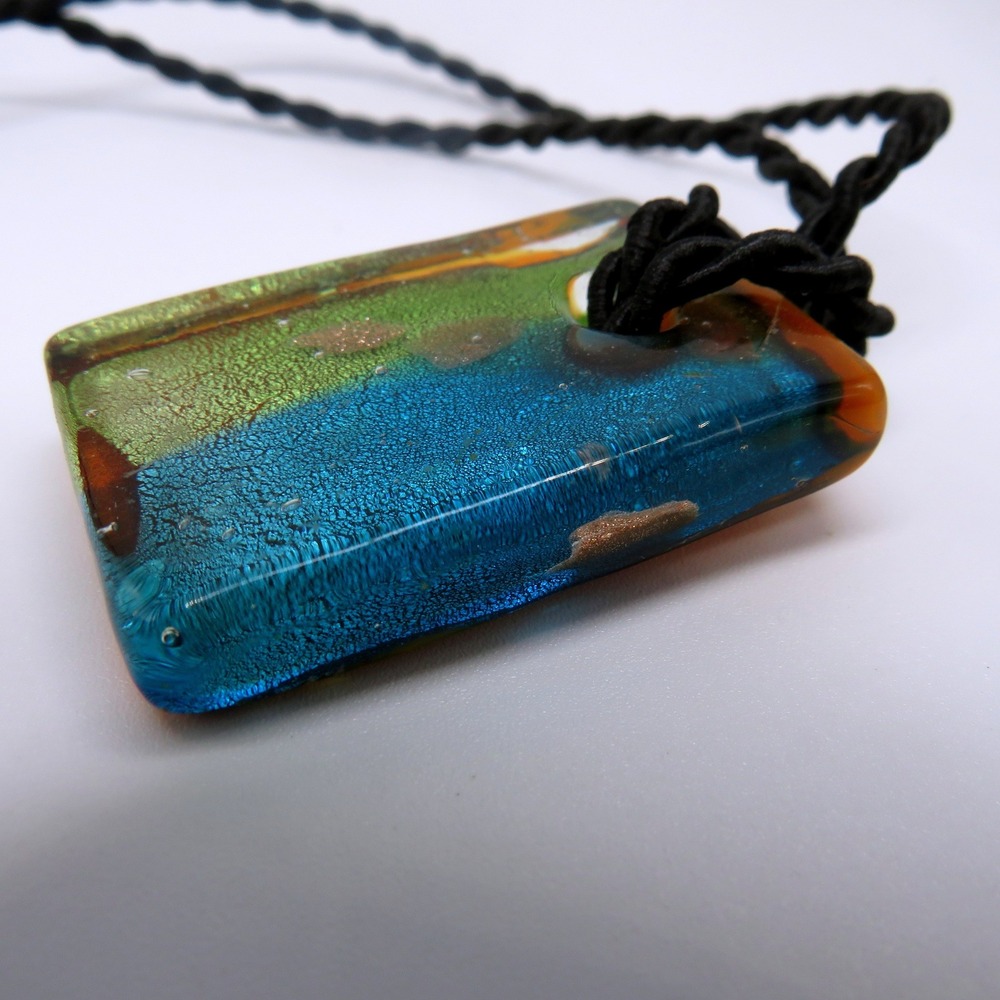 Artisan Fused Glass Pendant Necklace Blue Green Orange Dichroic 15 In Cord